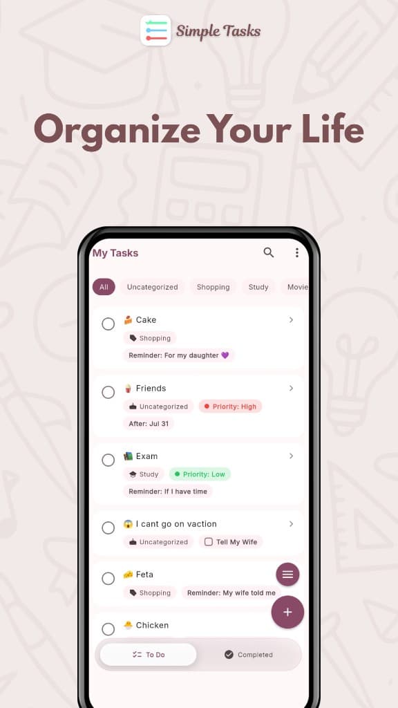 Simple Tasks app screenshot showing task list
